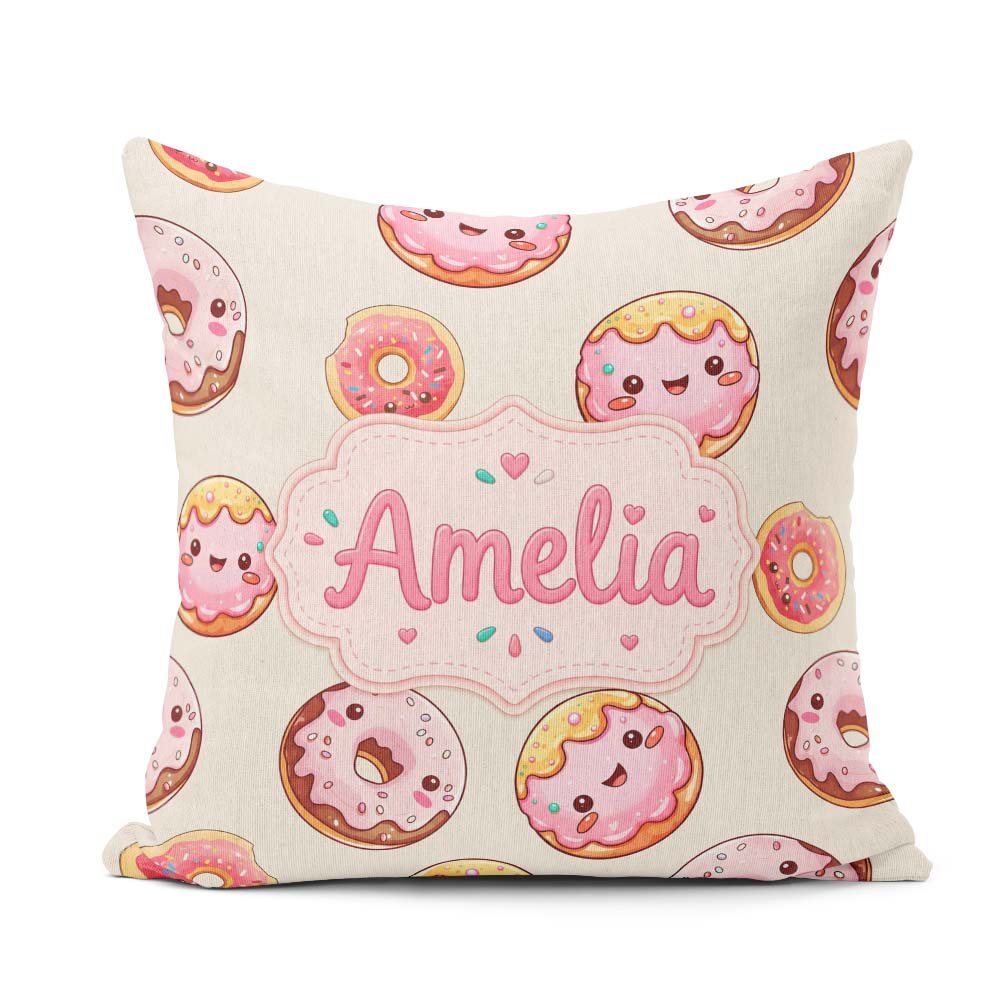 Custom Name Cute Kawaii Donuts with Pink Icing Cream Background Square Filled Cushion Throw Pillow Sofa Bed Home Decor Zip Washable UK Made