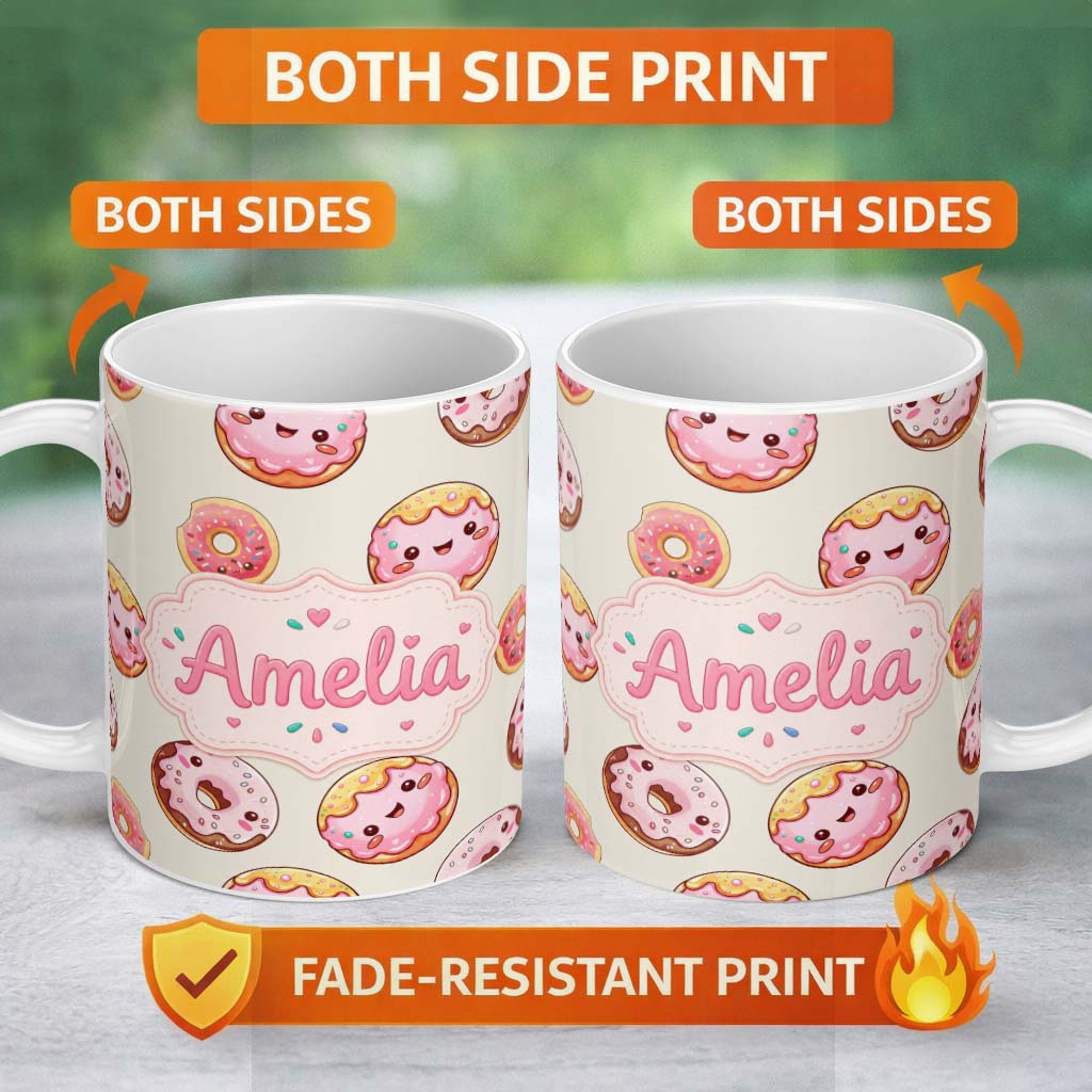 Personalized Custom Name Cute Kawaii Donuts with Pink Icing Cream Background Seamless 11oz Ceramic Coffee Tea Mug White Large Handle