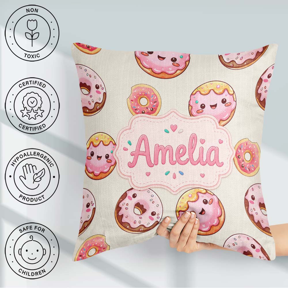 Custom Name Cute Kawaii Donuts with Pink Icing Cream Background Square Filled Cushion Throw Pillow Sofa Bed Home Decor Zip Washable UK Made