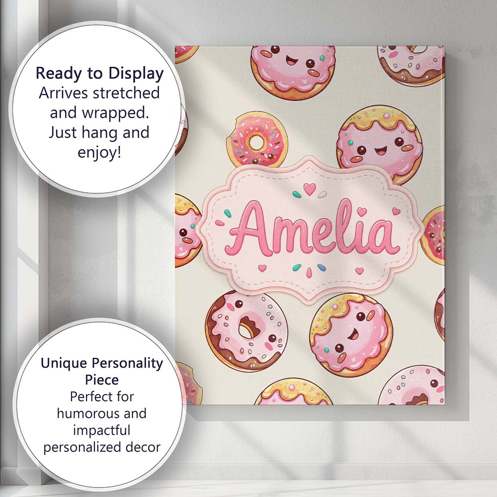 Personalised Name Cute Kawaii Donuts with Custom Unique Gift Idea Elegant Feature Canvas Wall Art Print Decor Picture Ready to Hang