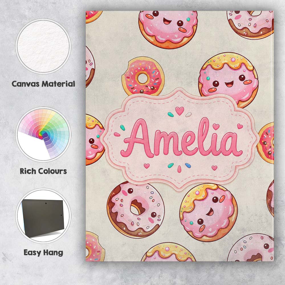 Personalised Name Cute Kawaii Donuts with Custom Unique Gift Idea Elegant Feature Canvas Wall Art Print Decor Picture Ready to Hang