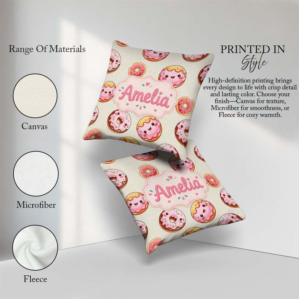 Custom Name Cute Kawaii Donuts with Pink Icing Cream Background Square Filled Cushion Throw Pillow Sofa Bed Home Decor Zip Washable UK Made