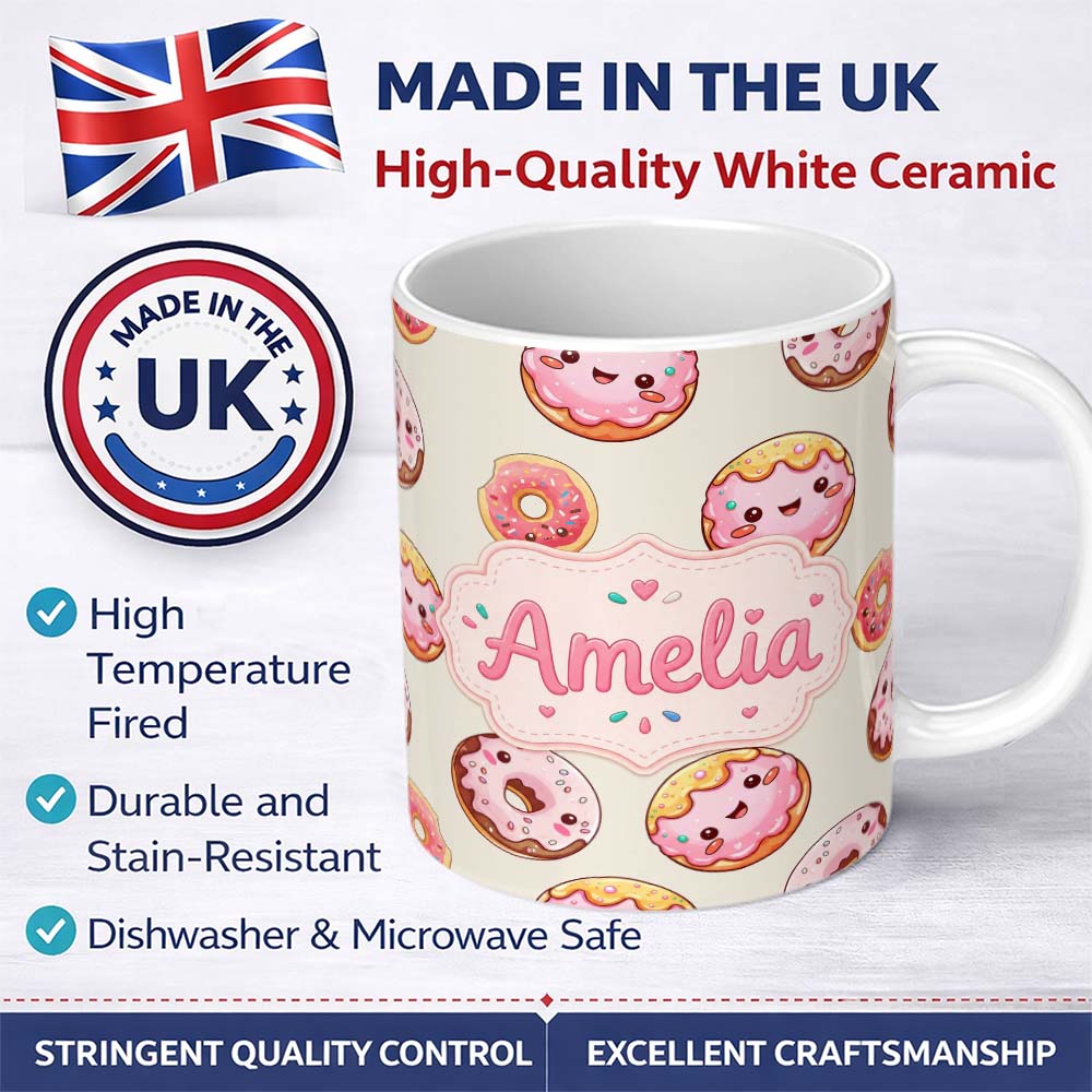 Personalized Custom Name Cute Kawaii Donuts with Pink Icing Cream Background Seamless 11oz Ceramic Coffee Tea Mug White Large Handle