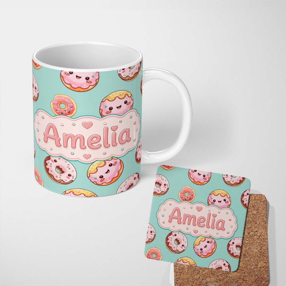 Personalized Custom Name Cute Kawaii Donuts with Pink Icing Mint Green Background Seamless 11oz Ceramic Coffee Tea Mug White Large Handle