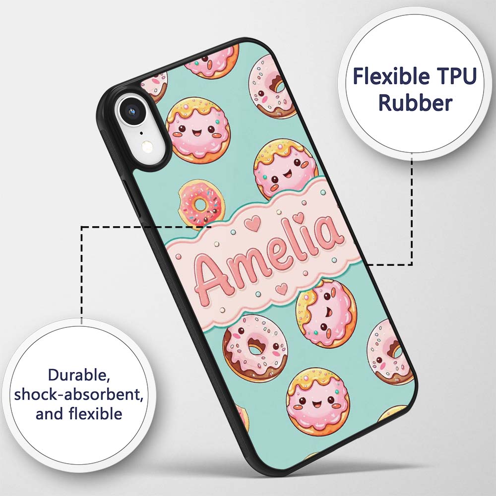 Cute Kawaii Donuts with Pink Icing Mint Green Custom Name Protective Phone Case Mobile Cover Durable Everyday Smartphone Shock Resistant