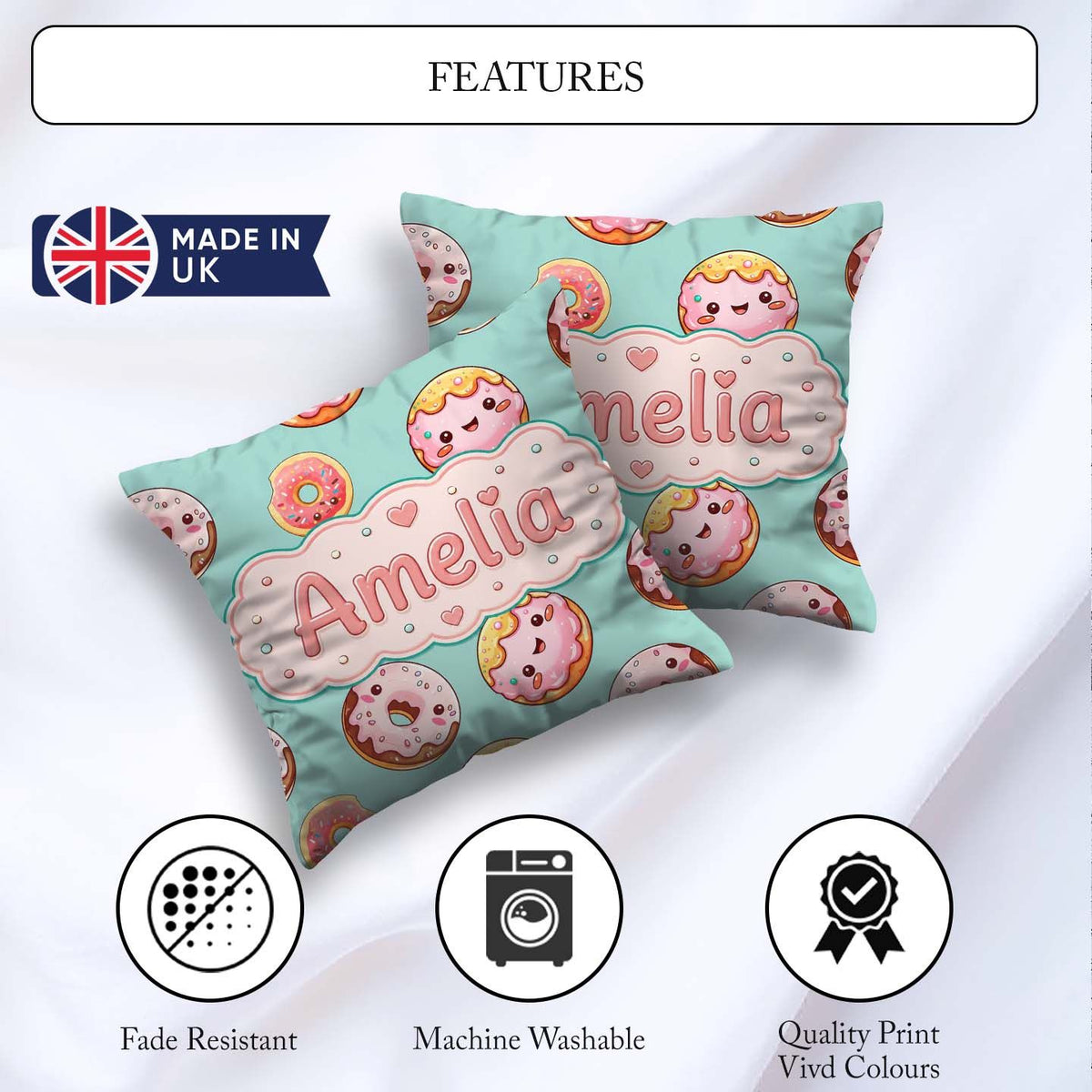 Custom Name Kawaii Donuts with Pink Icing Mint Green Background Square Filled Cushion Throw Pillow Sofa Bed Home Decor Zip Washable UK Made