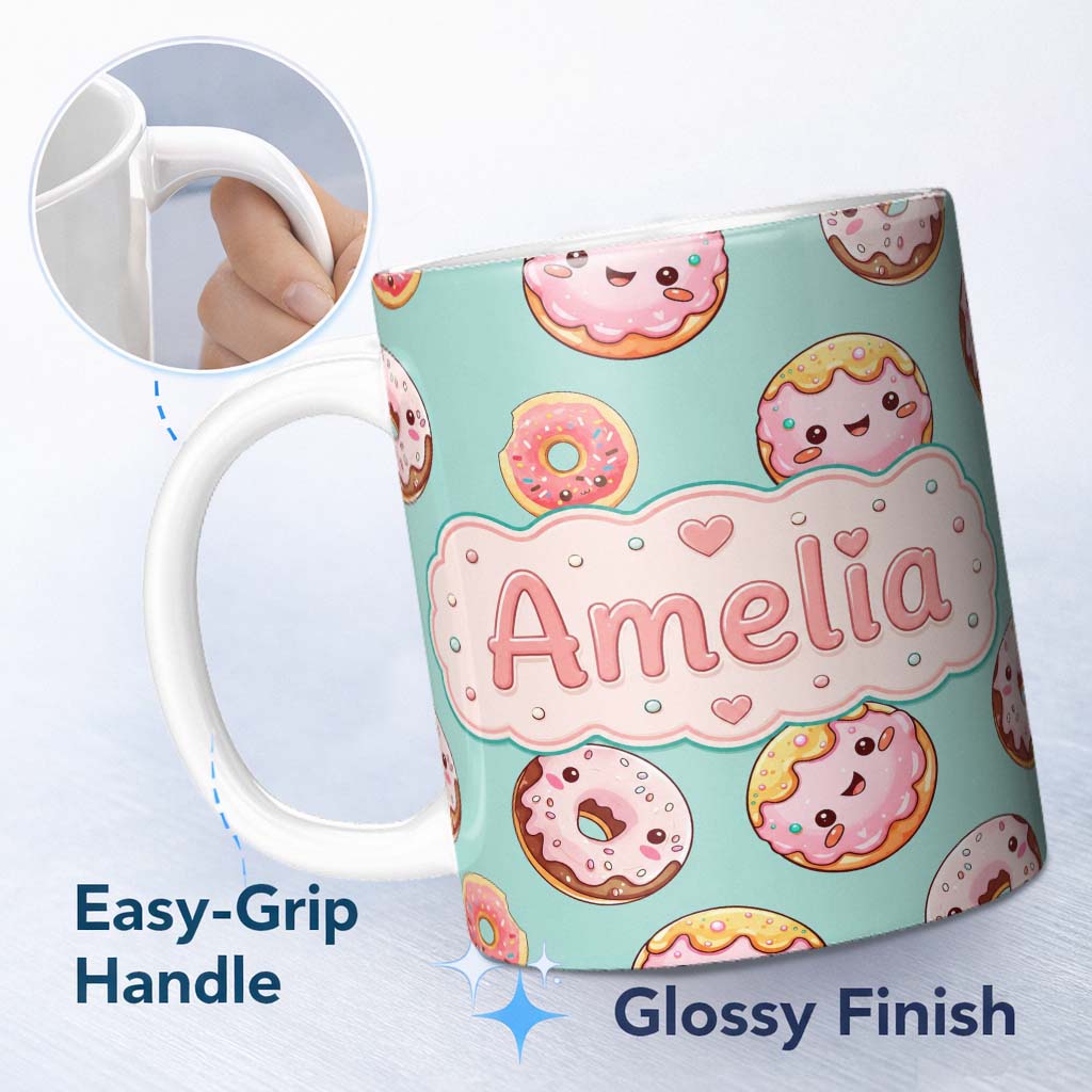 Personalized Custom Name Cute Kawaii Donuts with Pink Icing Mint Green Background Seamless 11oz Ceramic Coffee Tea Mug White Large Handle