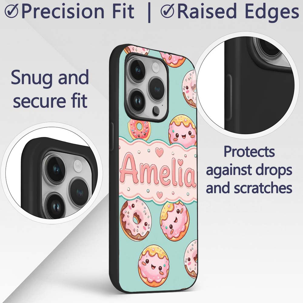 Cute Kawaii Donuts with Pink Icing Mint Green Custom Name Protective Phone Case Mobile Cover Durable Everyday Smartphone Shock Resistant