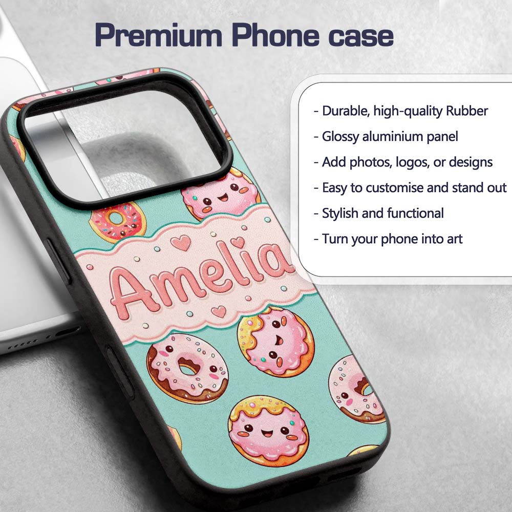 Cute Kawaii Donuts with Pink Icing Mint Green Custom Name Protective Phone Case Mobile Cover Durable Everyday Smartphone Shock Resistant