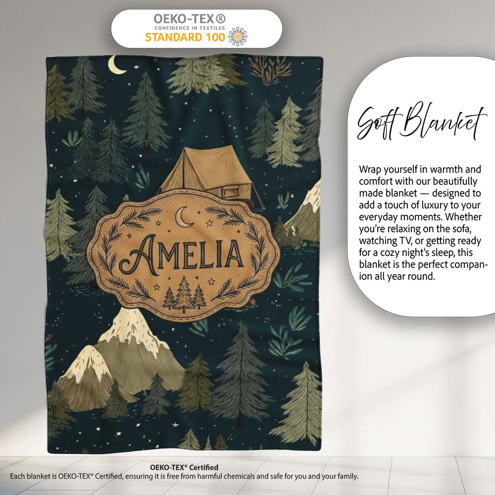 Night Forest Camping Tent Scenic Seamless Pattern Cute Unique Gift Personalised Custom Name Super Soft Fleece Blanket Bed Sofa Throw
