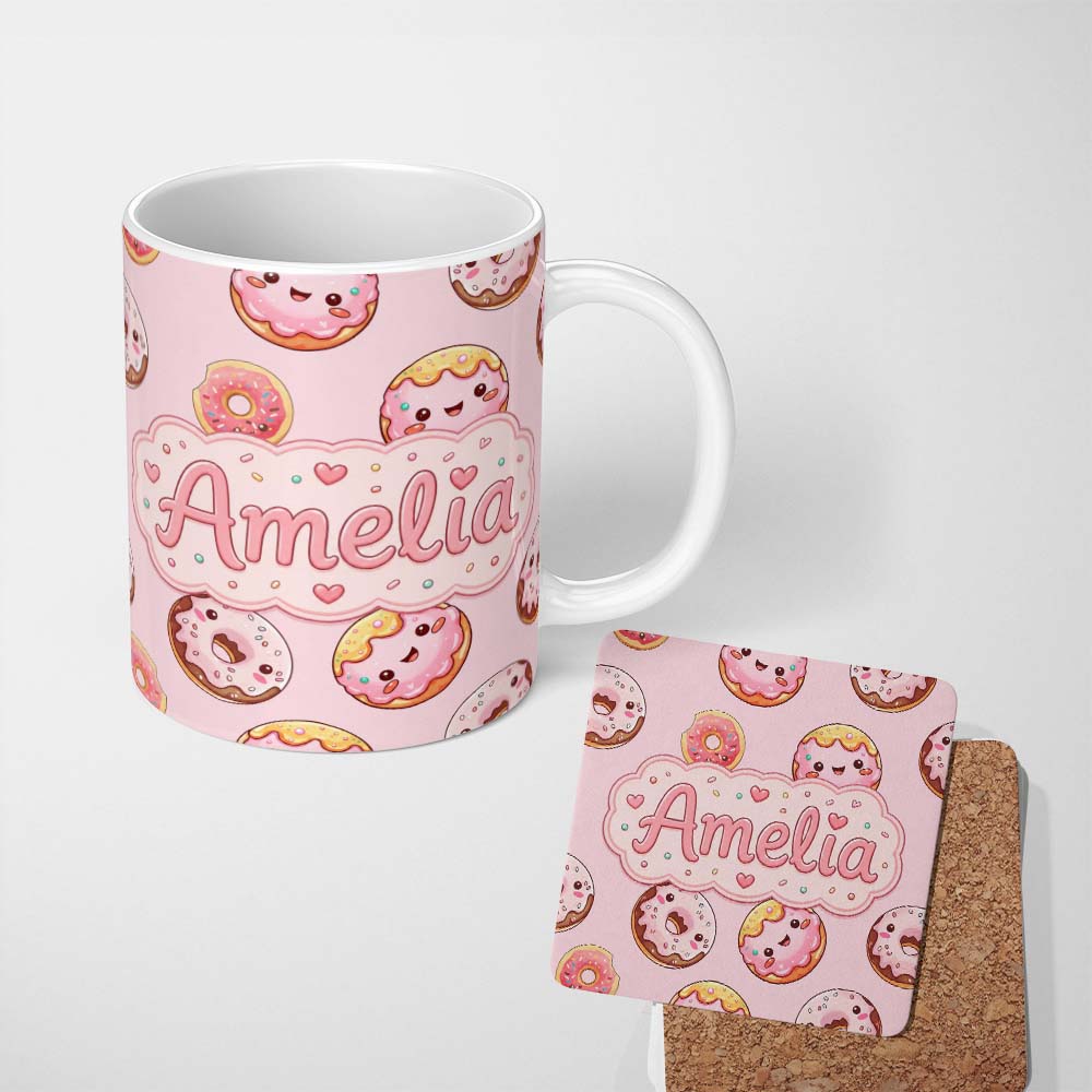 Personalized Custom Name Cute Kawaii Donuts with Pink Icing Soft Background Seamless Pattern 11oz Ceramic Coffee Tea Mug White Large Handle
