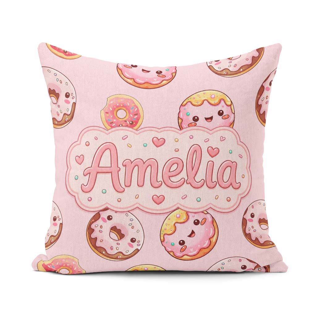 Custom Name Kawaii Donuts with Pink Icing Soft Seamless Pattern Square Filled Cushion Throw Pillow Sofa Bed Home Decor Zip Washable UK Made