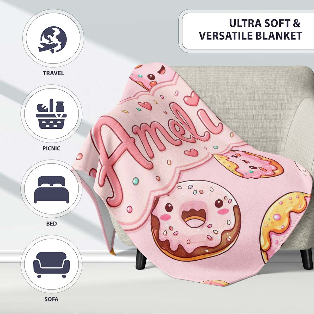 Cute Kawaii Donuts with Pink Icing Soft Background Seamless Pattern Personalised Custom Name Super Soft Fleece Blanket Bed Sofa Throw
