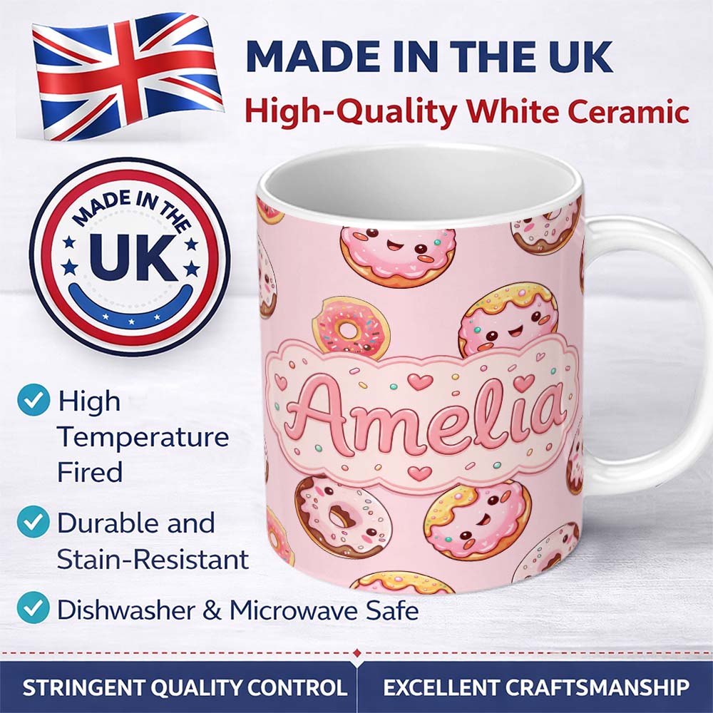 Personalized Custom Name Cute Kawaii Donuts with Pink Icing Soft Background Seamless Pattern 11oz Ceramic Coffee Tea Mug White Large Handle