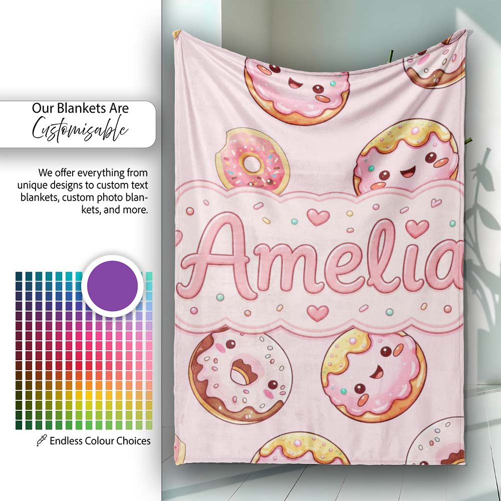 Cute Kawaii Donuts with Pink Icing Soft Background Seamless Pattern Personalised Custom Name Super Soft Fleece Blanket Bed Sofa Throw