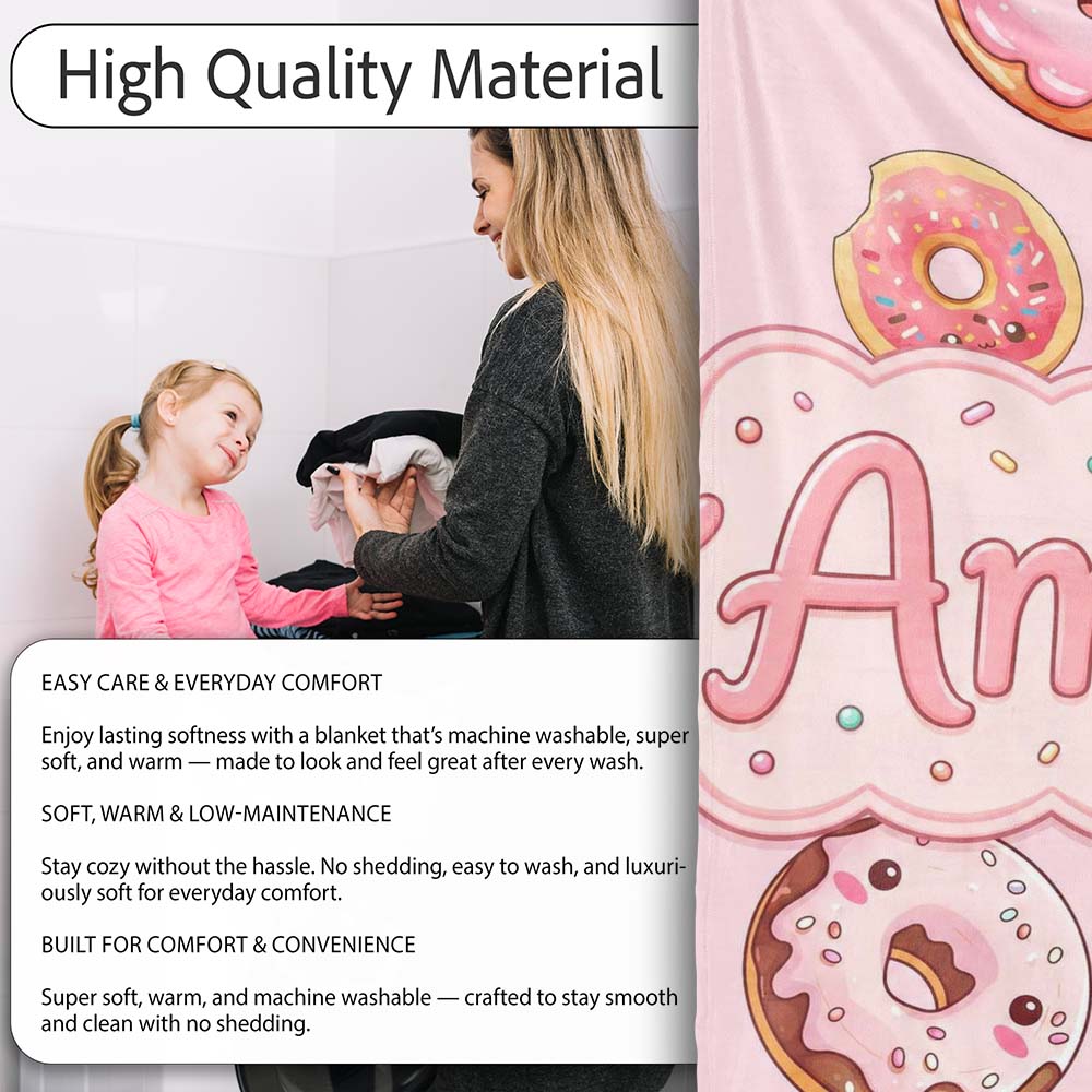 Cute Kawaii Donuts with Pink Icing Soft Background Seamless Pattern Personalised Custom Name Super Soft Fleece Blanket Bed Sofa Throw