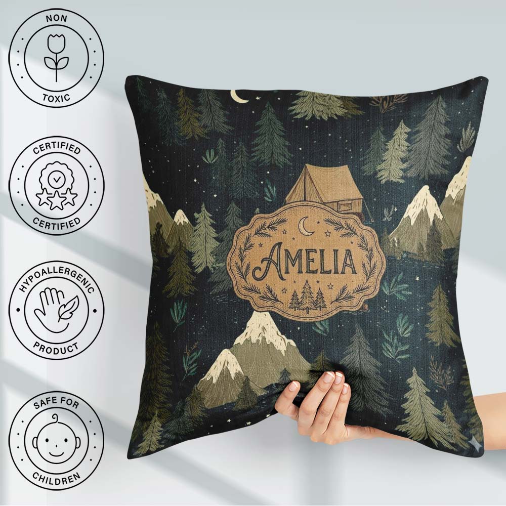 Custom Name Night Forest Camping Tent Scenic Seamless Pattern Square Filled Cushion Throw Pillow Sofa Bed Home Decor Zip Washable UK Made