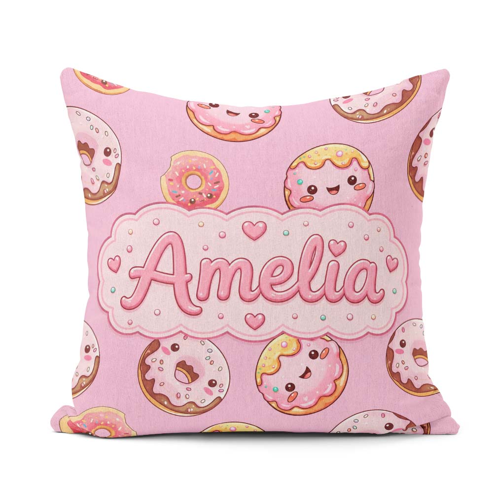 Custom Name Cute Kawaii Donuts with Pink Icing Seamless Pattern Square Filled Cushion Throw Pillow Sofa Bed Home Decor Zip Washable UK Made