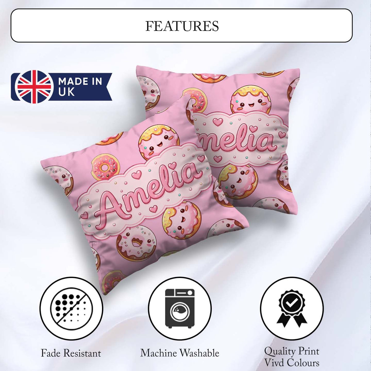 Custom Name Cute Kawaii Donuts with Pink Icing Seamless Pattern Square Filled Cushion Throw Pillow Sofa Bed Home Decor Zip Washable UK Made
