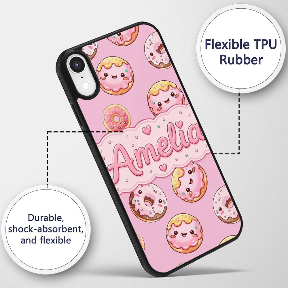 Cute Kawaii Donuts with Pink Icing Background Custom Name Protective Phone Case Mobile Cover Durable Everyday Smartphone Shock Resistant
