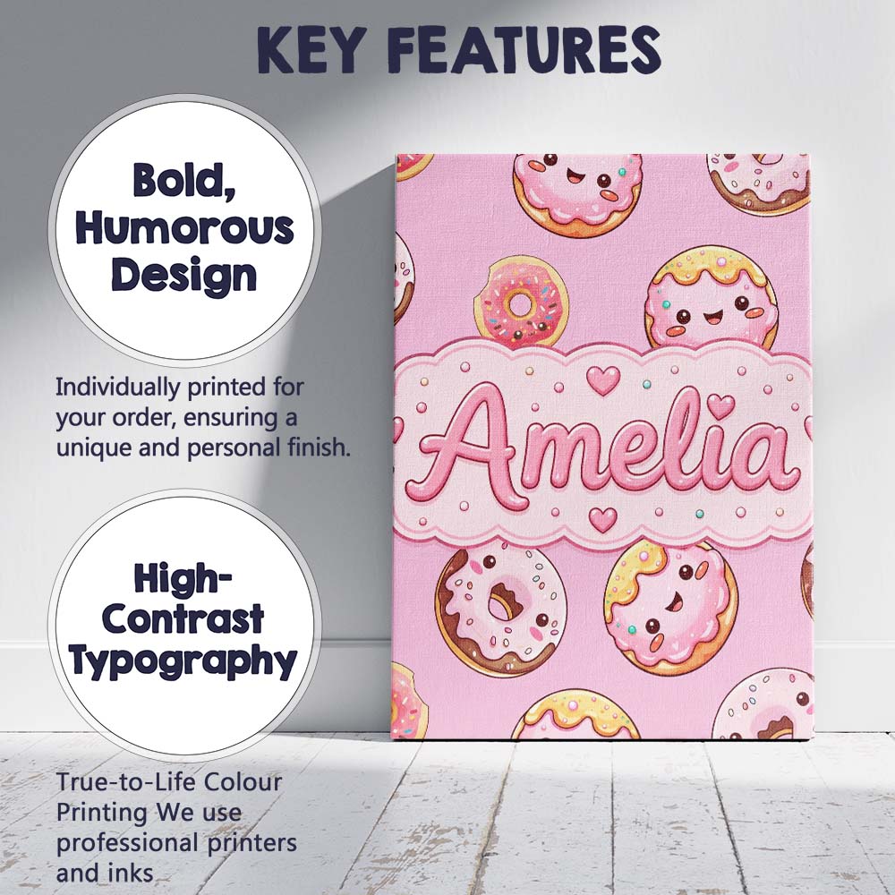 Personalised Name Cute Kawaii Donuts with Custom Unique Gift Idea Elegant Feature Canvas Wall Art Print Decor Picture Ready to Hang