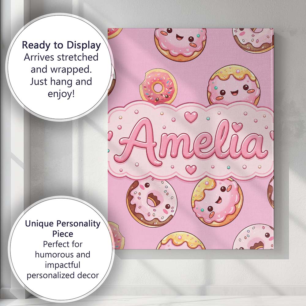 Personalised Name Cute Kawaii Donuts with Custom Unique Gift Idea Elegant Feature Canvas Wall Art Print Decor Picture Ready to Hang