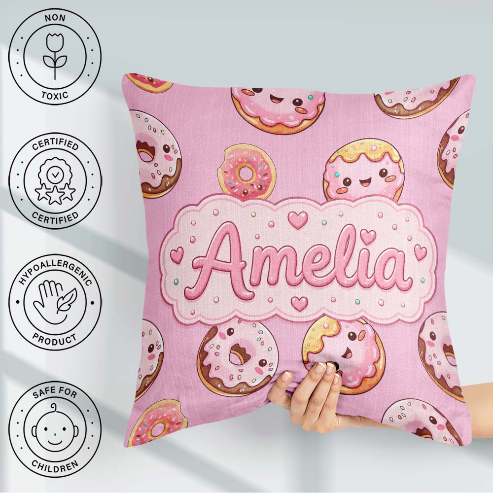 Custom Name Cute Kawaii Donuts with Pink Icing Seamless Pattern Square Filled Cushion Throw Pillow Sofa Bed Home Decor Zip Washable UK Made