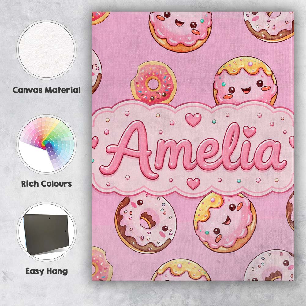 Personalised Name Cute Kawaii Donuts with Custom Unique Gift Idea Elegant Feature Canvas Wall Art Print Decor Picture Ready to Hang
