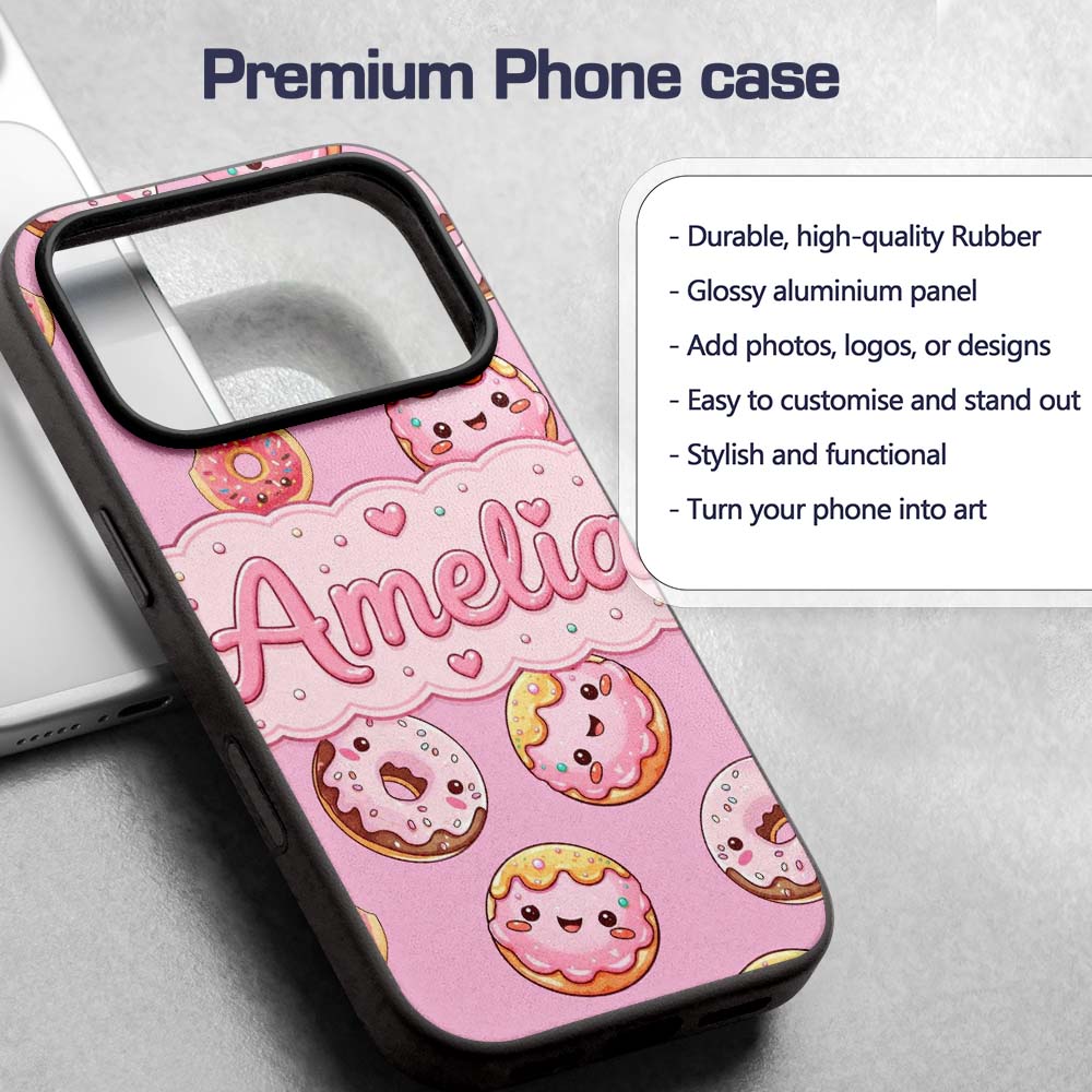 Cute Kawaii Donuts with Pink Icing Background Custom Name Protective Phone Case Mobile Cover Durable Everyday Smartphone Shock Resistant