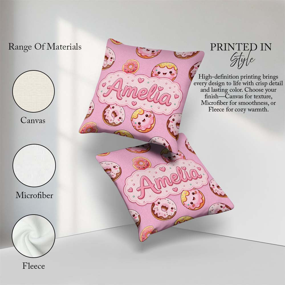 Custom Name Cute Kawaii Donuts with Pink Icing Seamless Pattern Square Filled Cushion Throw Pillow Sofa Bed Home Decor Zip Washable UK Made