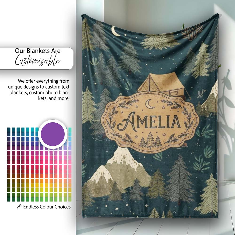 Night Forest Camping Tent Scenic Seamless Pattern Cute Unique Gift Personalised Custom Name Super Soft Fleece Blanket Bed Sofa Throw