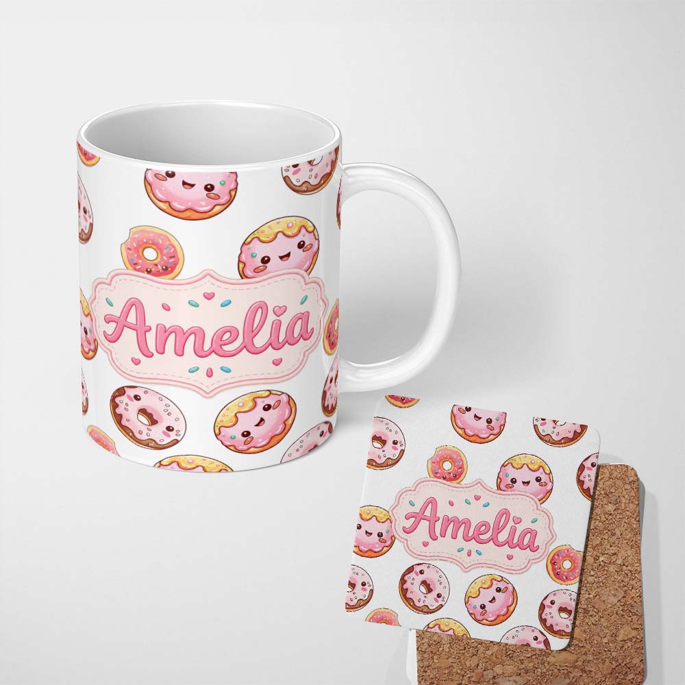 Personalized Custom Name Cute Kawaii Donuts with Pink Icing Grey Background Seamless Pattern 11oz Ceramic Coffee Tea Mug White Large Handle
