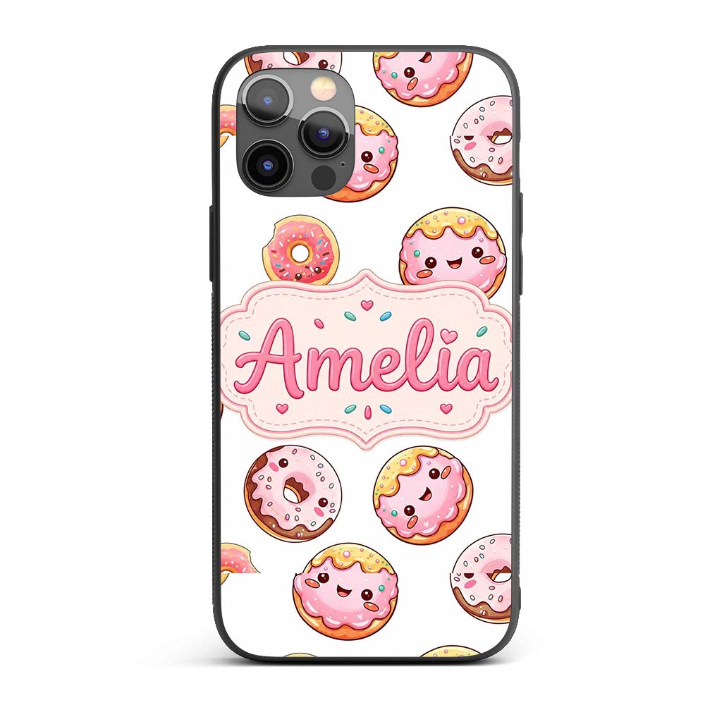 Cute Kawaii Donuts with Pink Icing Printed Design Custom Name Protective Phone Case Mobile Cover Durable Everyday Smartphone Shock Resistant