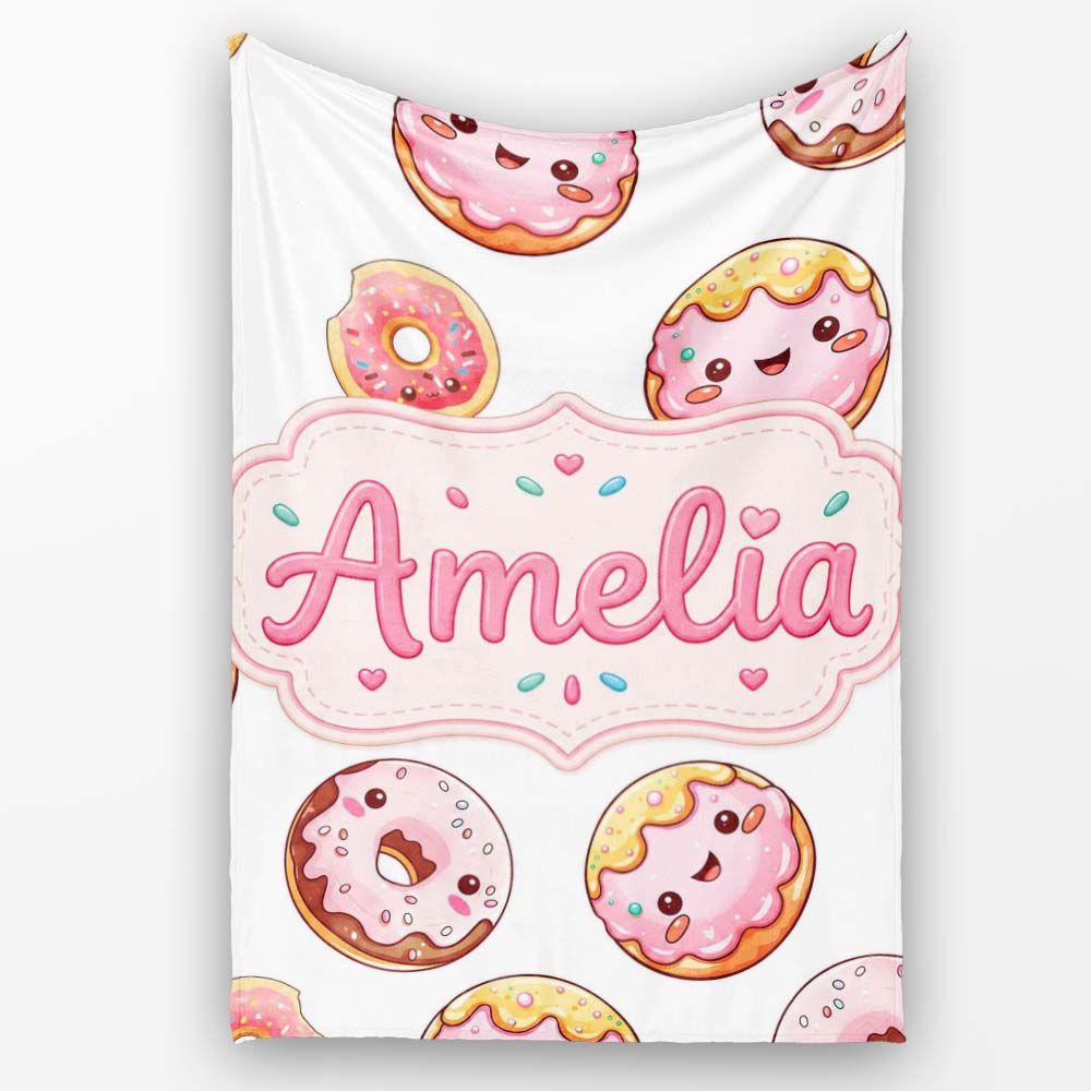 Cute Kawaii Donuts with Pink Icing Grey Background Seamless Pattern Personalised Custom Name Super Soft Fleece Blanket Bed Sofa Throw