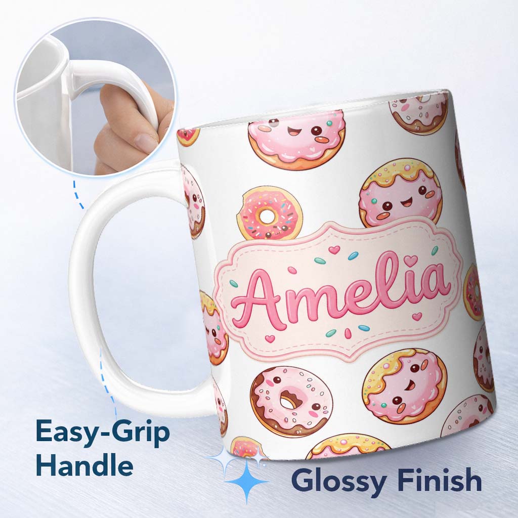 Personalized Custom Name Cute Kawaii Donuts with Pink Icing Grey Background Seamless Pattern 11oz Ceramic Coffee Tea Mug White Large Handle