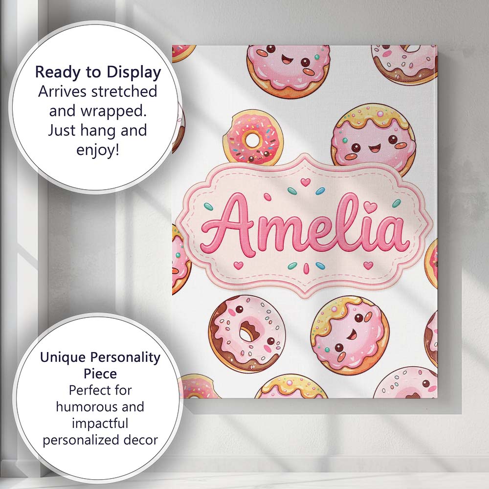 Personalised Name Cute Kawaii Donuts with Custom Unique Gift Idea Elegant Feature Canvas Wall Art Print Decor Picture Ready to Hang