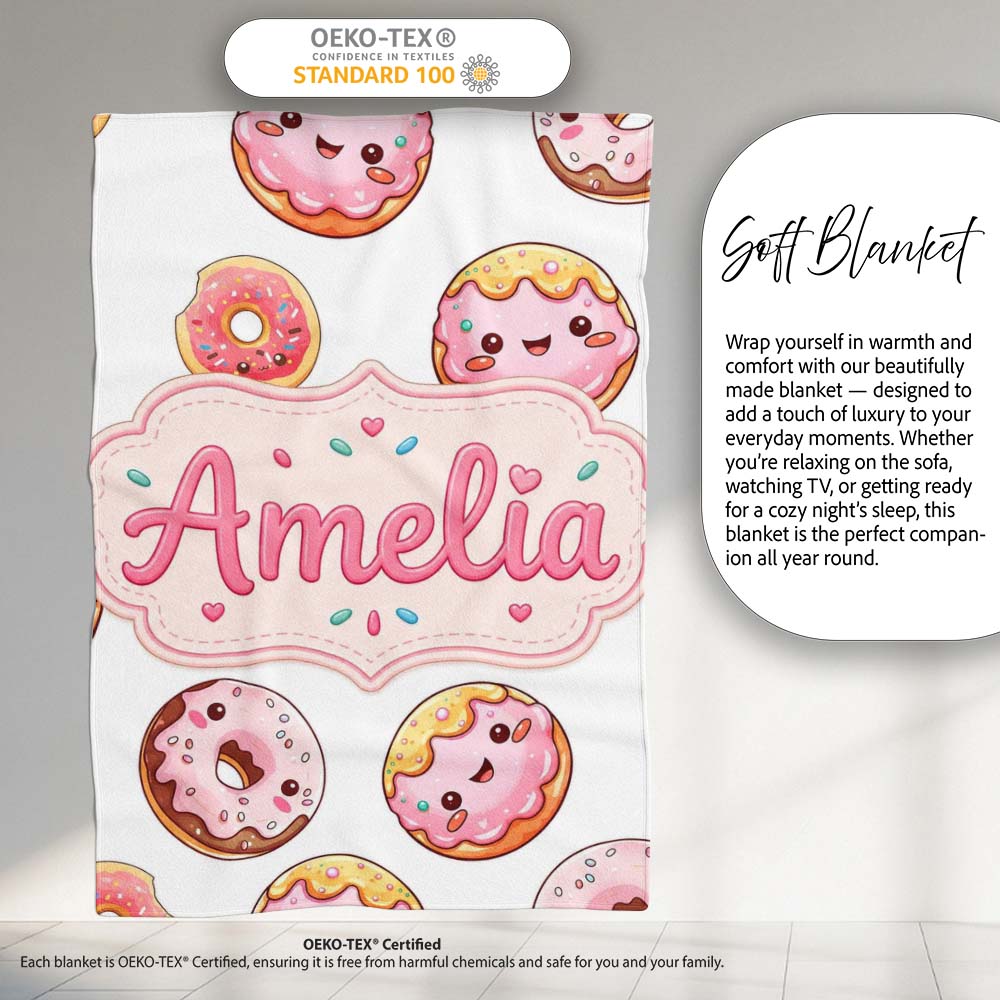 Cute Kawaii Donuts with Pink Icing Grey Background Seamless Pattern Personalised Custom Name Super Soft Fleece Blanket Bed Sofa Throw
