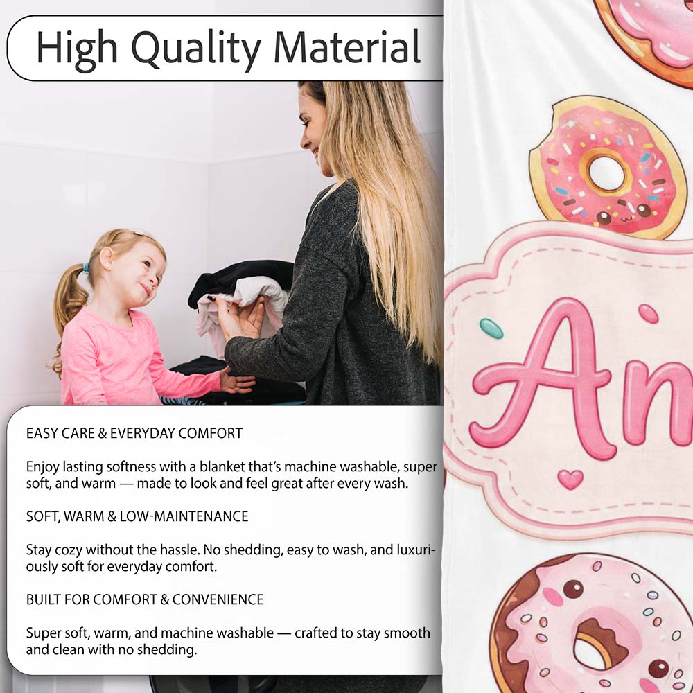 Cute Kawaii Donuts with Pink Icing Grey Background Seamless Pattern Personalised Custom Name Super Soft Fleece Blanket Bed Sofa Throw