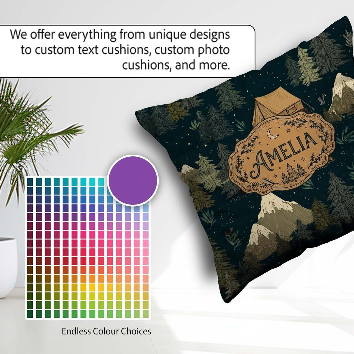 Custom Name Night Forest Camping Tent Scenic Seamless Pattern Square Filled Cushion Throw Pillow Sofa Bed Home Decor Zip Washable UK Made