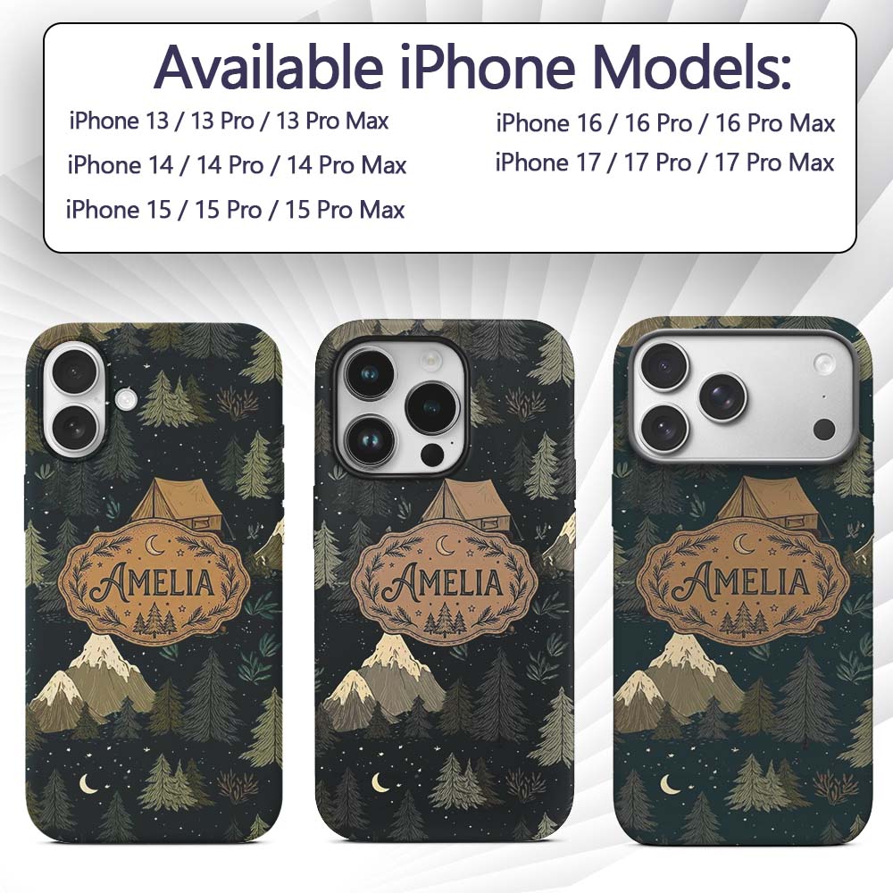 Night Forest Camping Tent Scenic Seamless Pattern Custom Name Protective Phone Case Mobile Cover Durable Everyday Smartphone Shock Resistant