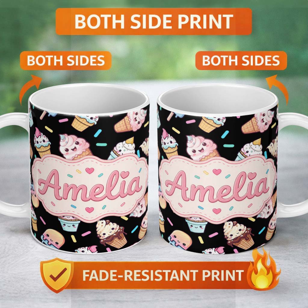 Personalized Custom Name Cute Kawaii Ice Cream Desserts on Black Background Seamless Pattern 11oz Ceramic Coffee Tea Mug White Large Handle