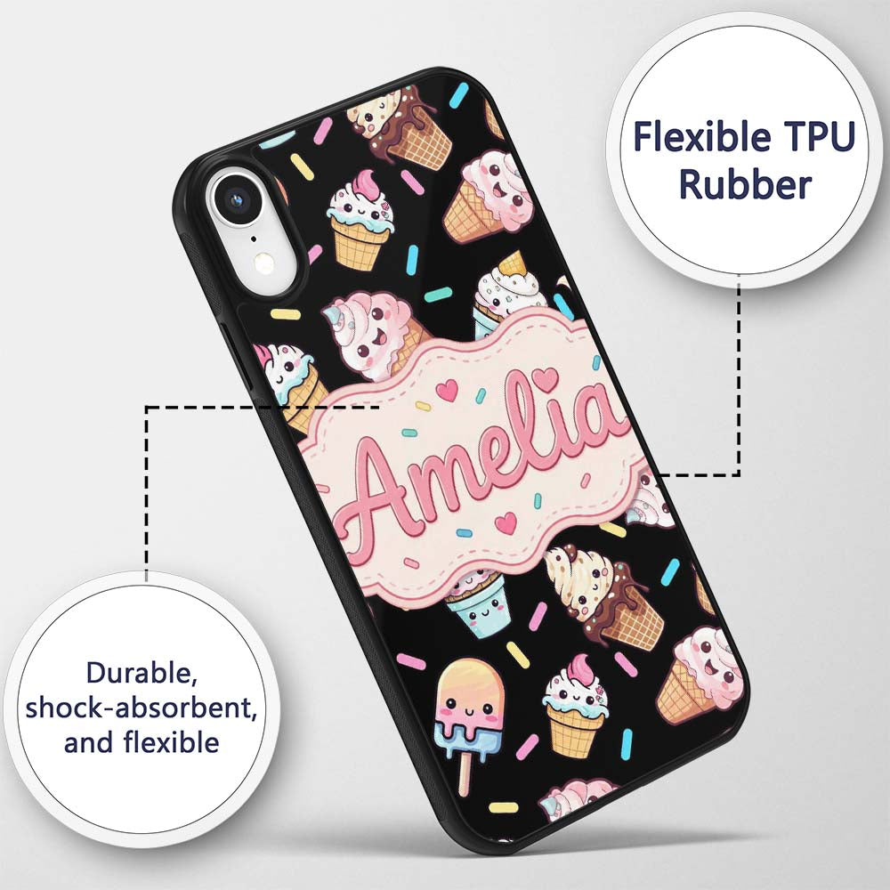 Cute Kawaii Ice Cream Desserts on Printed Design Custom Name Protective Phone Case Mobile Cover Durable Everyday Smartphone Shock Resistant