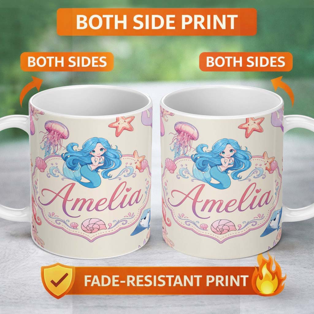Personalized Custom Name Cute Cartoon Mermaid and Sea Creatures Seamless Pattern Lovely 11oz Ceramic Coffee Tea Mug White Large Handle