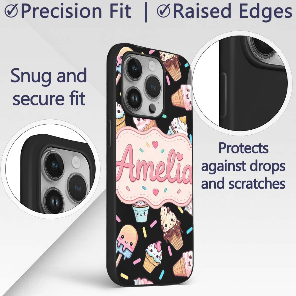 Cute Kawaii Ice Cream Desserts on Printed Design Custom Name Protective Phone Case Mobile Cover Durable Everyday Smartphone Shock Resistant