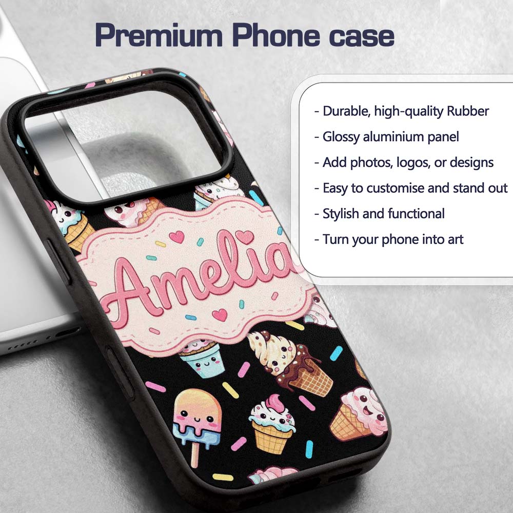Cute Kawaii Ice Cream Desserts on Printed Design Custom Name Protective Phone Case Mobile Cover Durable Everyday Smartphone Shock Resistant