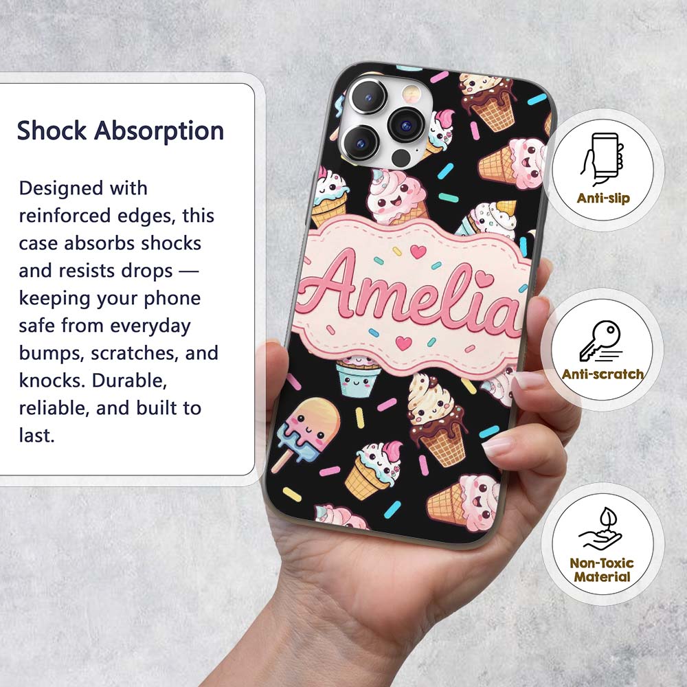 Cute Kawaii Ice Cream Desserts on Printed Design Custom Name Protective Phone Case Mobile Cover Durable Everyday Smartphone Shock Resistant