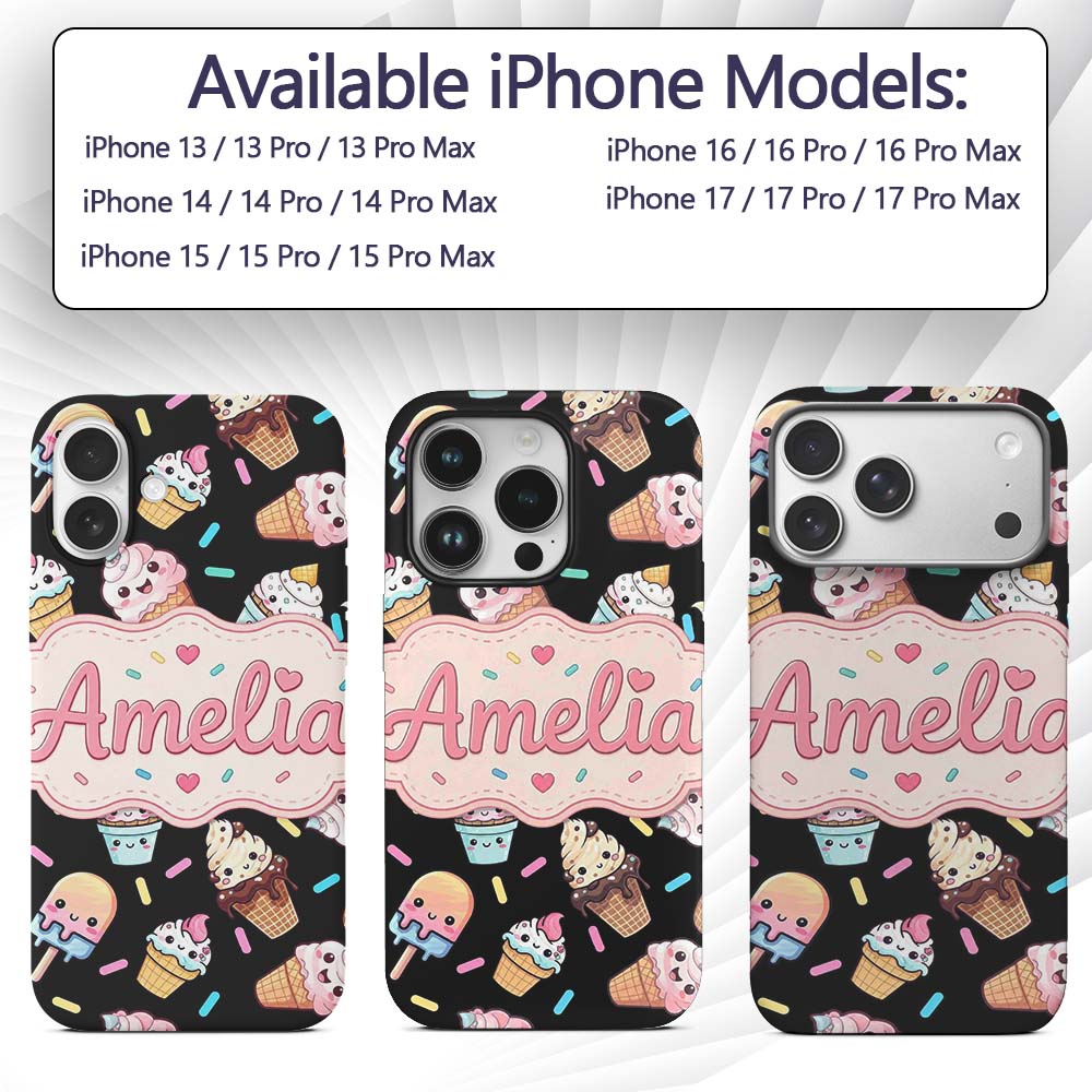 Cute Kawaii Ice Cream Desserts on Printed Design Custom Name Protective Phone Case Mobile Cover Durable Everyday Smartphone Shock Resistant