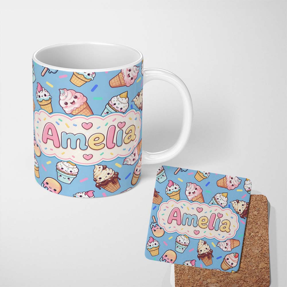 Personalized Custom Name Cute Kawaii Ice Cream Desserts on Blue Background Seamless Pattern 11oz Ceramic Coffee Tea Mug White Large Handle