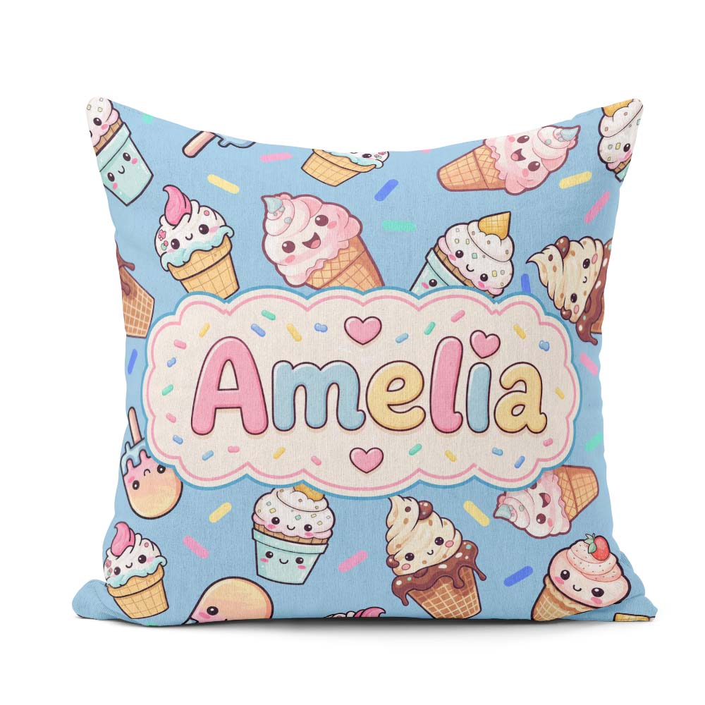 Custom Name Kawaii Ice Cream Desserts on Blue Background Pattern Square Filled Cushion Throw Pillow Sofa Bed Home Decor Zip Washable UK Made