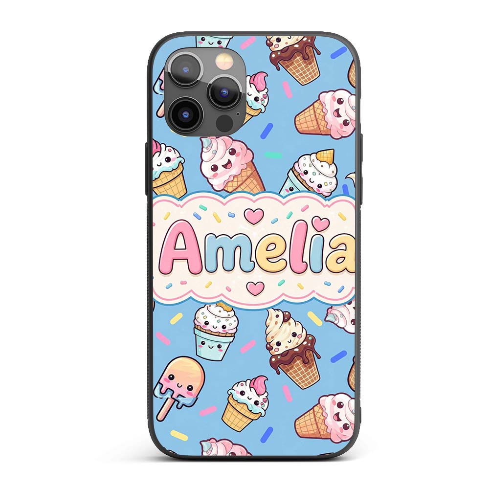 Cute Kawaii Ice Cream Desserts on Blue Background Custom Name Protective Phone Case Mobile Cover Durable Everyday Smartphone Shock Resistant